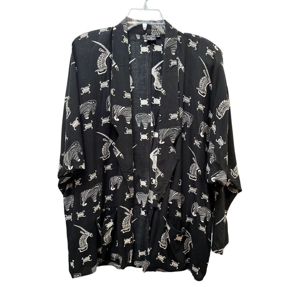 Sam Hilu Vtg artful black & white animal print open front blazer size M #42-1868
